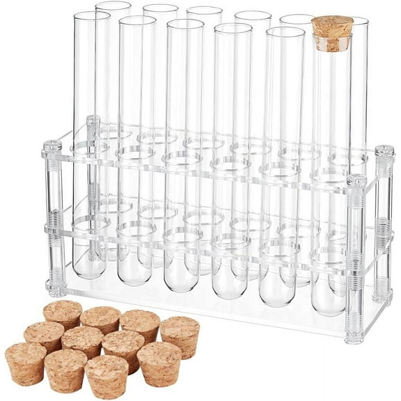 12 pcs Glass Test Tubes with Rack Glass Test Tubes with Cork Stoppers Clear Test Tubes with Acrylic Holder 12 Holes Tubes Rack Kit for Scientific Experiments Decorations Crafts 6.1 inch