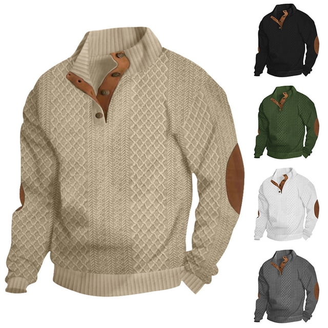 Blekii Men's Jacquard Knit Sweatshirt, Button Detail Stand Collar Pullover, Textured Pattern Long Sleeve Top, Smart Casual Layer for Spring/Fall, Lightweight And Breathable, Stylish