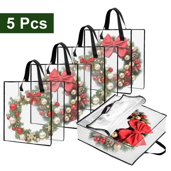 Yalumo 5 Pack Wreath Storage Container, 26 Inch Clear Christmas Garland Wreath Storage Bag Heavy Duty with Handles and Zipper, Holiday Decorations Organizer for College Dorm Moving Bedding Storage