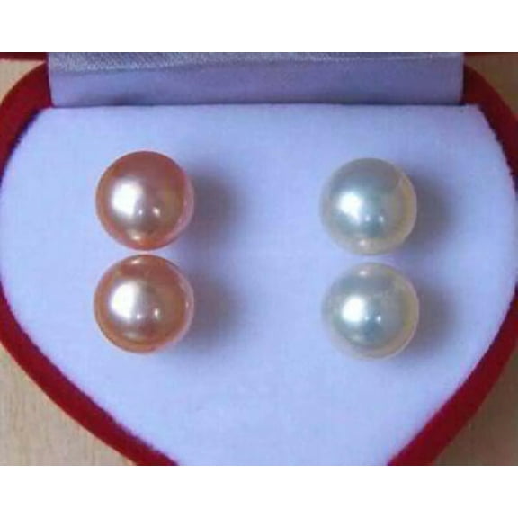 K-KED 2Pairs 7-8MM Natural White Pink Pearl Silver Stud Earrings AAA Grade