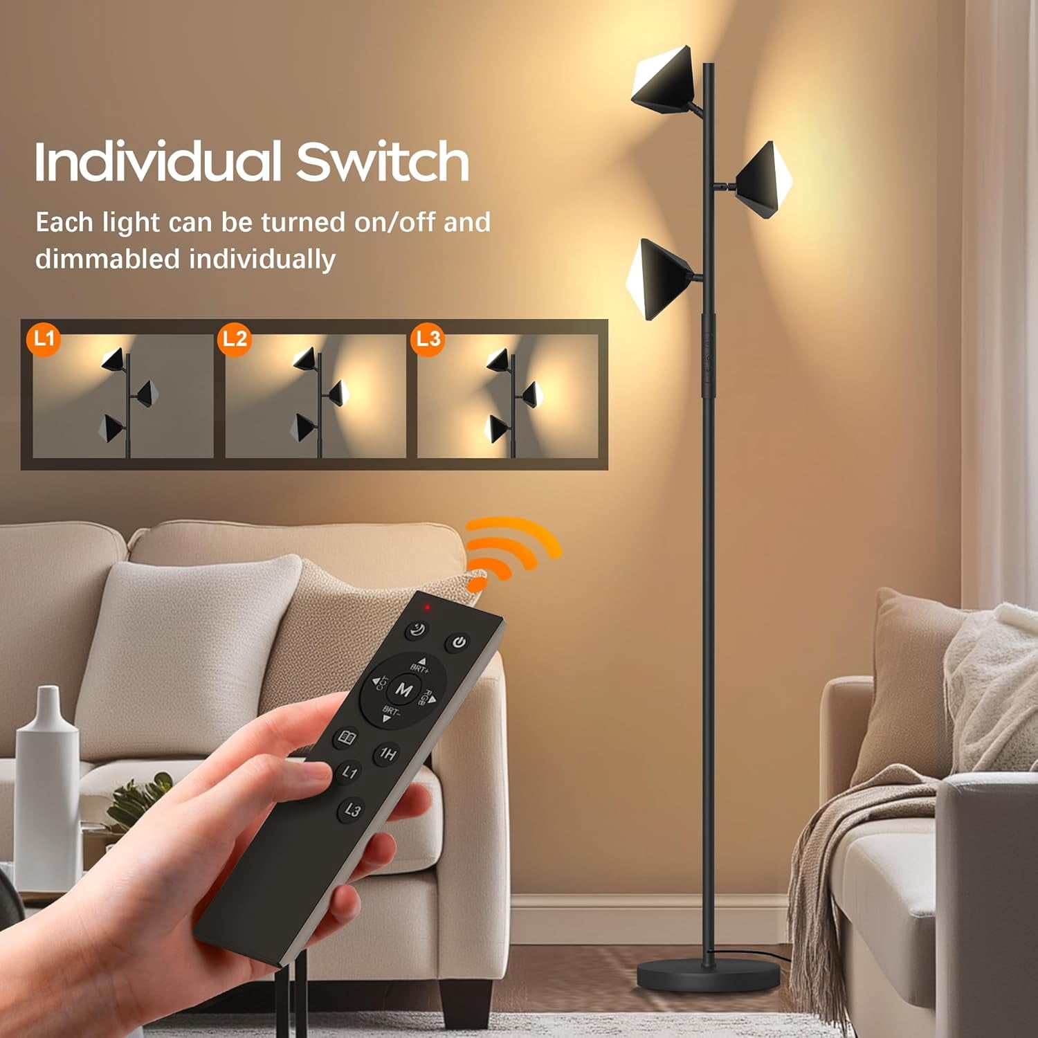 RGB Floor Lamp for Living Room, 36W LED Standing Lamp with 3 Lights, Dimmable Smart Lamp with Remote & Touch Control, Colors Changing& DIY Mode, Modern Tree Tall Lamp