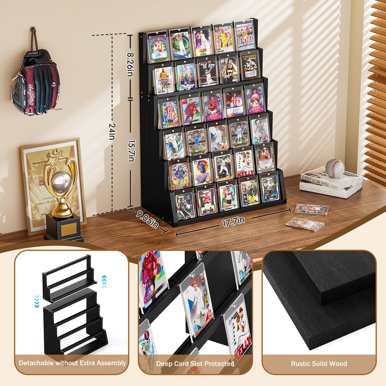 Trading Card Display Stand, 6 Tier Wood Vertical Holder for Baseball Basketball Sports Graded Card Display Stand Tabletop for Trading Card Collection,