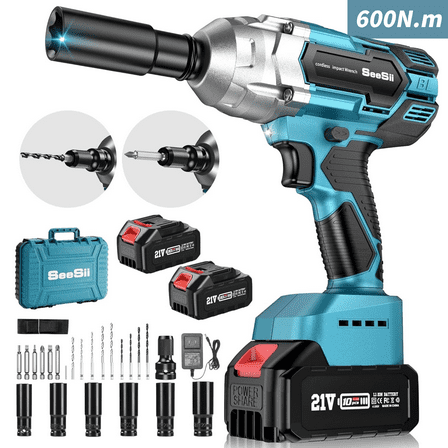 Seesii 600Nm Brushless Impact Wrench, 443ft-lbs High Torque Impact Gun w/ 2x 4.0Ah Batteries, 1/2'' 3300RPM Impact Driver Kit for Home Truck Car Tire