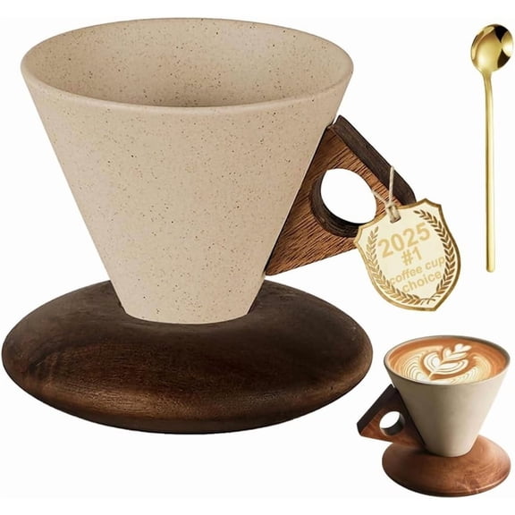 QenASHaing Elegant Conical Coffee Cup, 250ml Vintage Cone Shaped Creative Irregular Shape Retro Wood Coffee Mug with Wooden Base Saucer Set for Home Restaurant Party Office