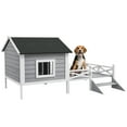 thumbnail image 2 of PawHut Small/Medium Dog House with Porch for Expansive Size, Wooden Elevated Dog Shelter, 67", Gray, 2 of 9