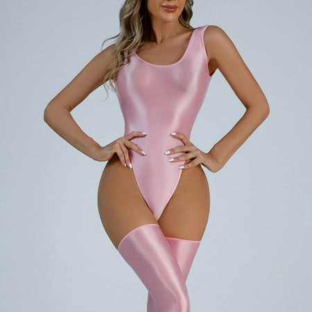 Sentaili Women Glossy Swimsuit High Cut Backless Thong Bodysuit oily Blackless Leotard