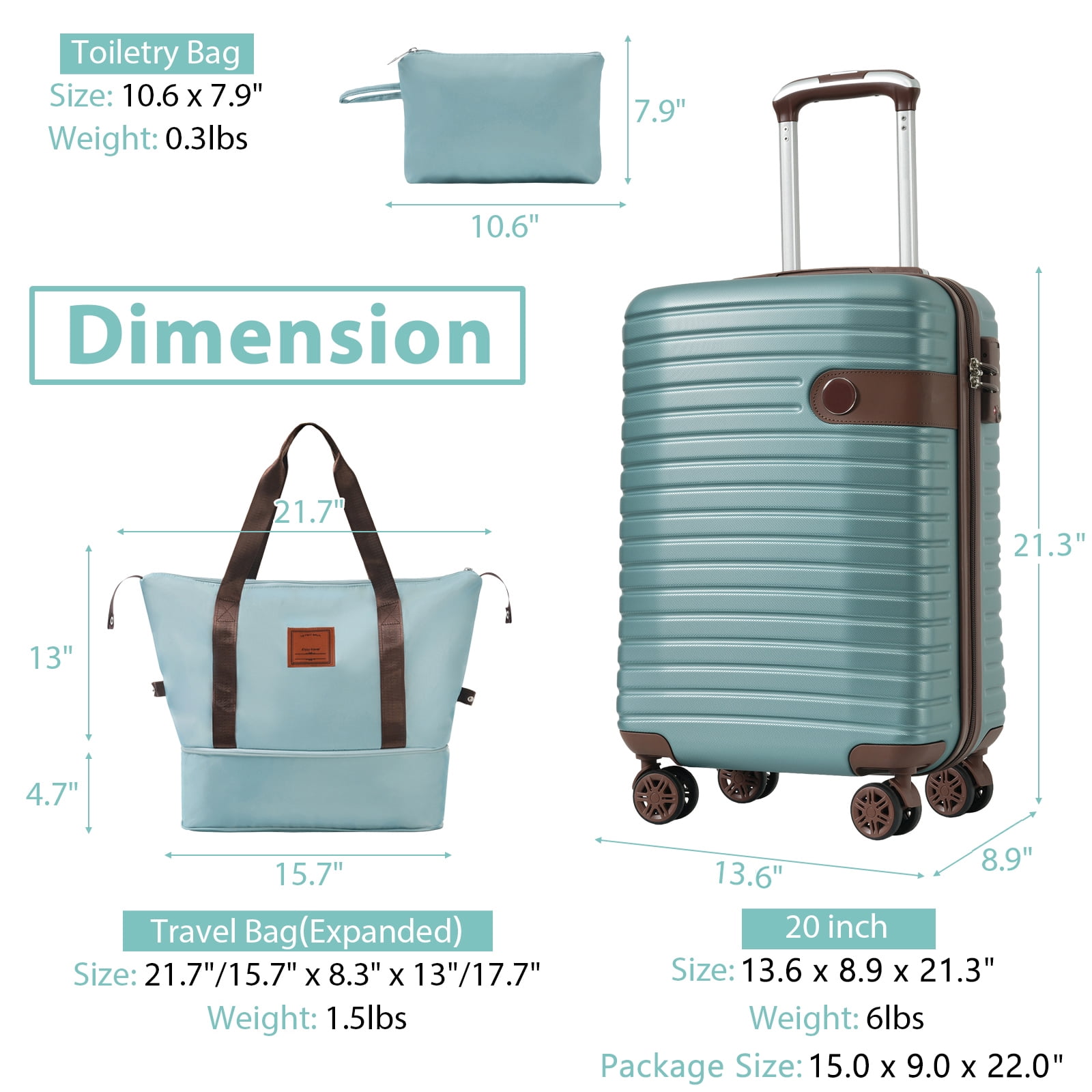 Coowa 20" Lightweight Hardshell ABS Luggage Set - 3-Piece Carry-On Suitcases with Wheels, TSA Lock (Light Blue)