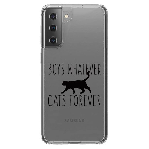 DistinctInk Clear Shockproof Hybrid Case for Galaxy S21 5G (6.2" Screen) - TPU Bumper Acrylic Back Tempered Glass Screen Protector - Boys Whatever, Cats Forever