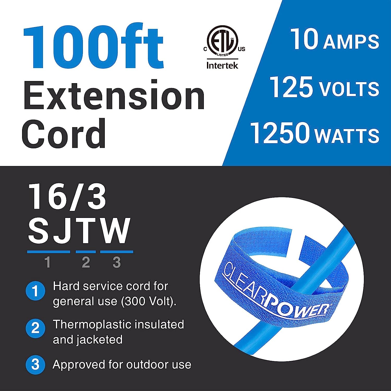Clear Power 100ft Cold Weather Outdoor Extension Cord, Blue photo 4