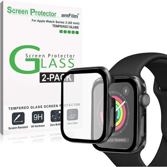 amFilm Case and Screen Protector for Apple Watch Series 3 (42mm), iWatch Protective Cover and Film (2 Pack)