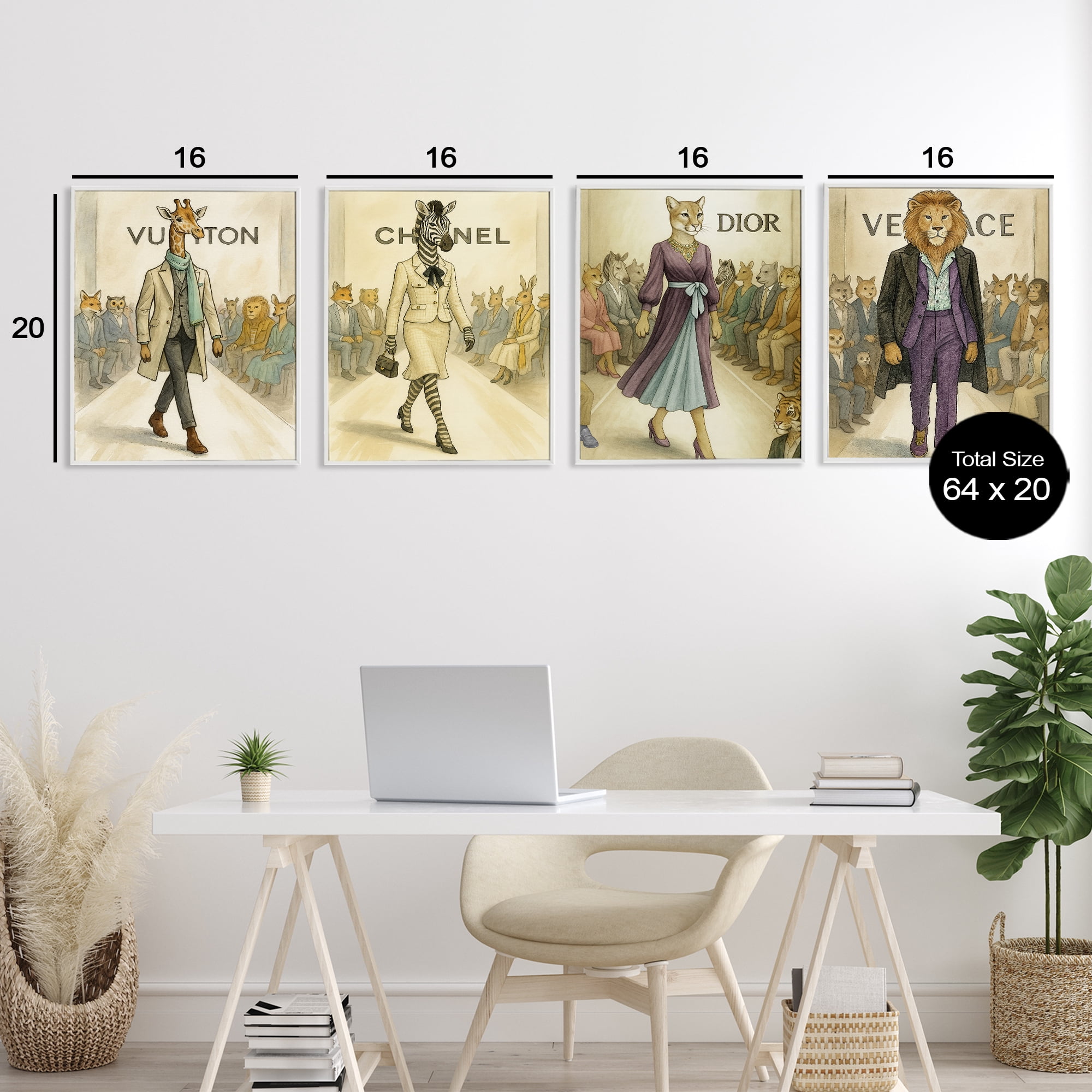 Stupell Industries Fashion Runway Animals 4 Piece White Framed Giclee Art Set, design by Grotto Studios