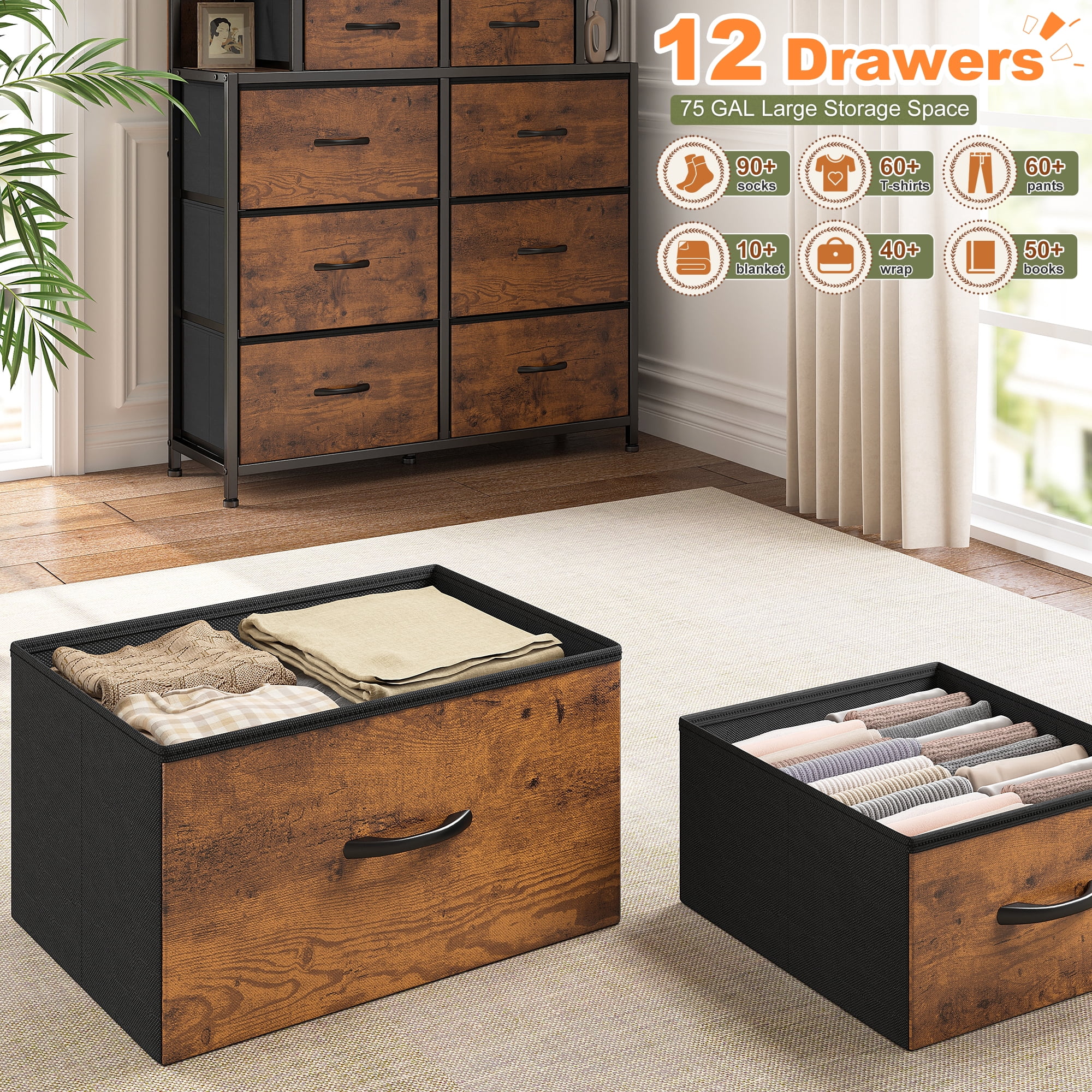 Romorgniz Tall Dressers for Bedroom with 12 Fabric Drawers and Open Shelves Dressers & Chests of Drawers with LED Lights, Metal Frame, Rustic Brown