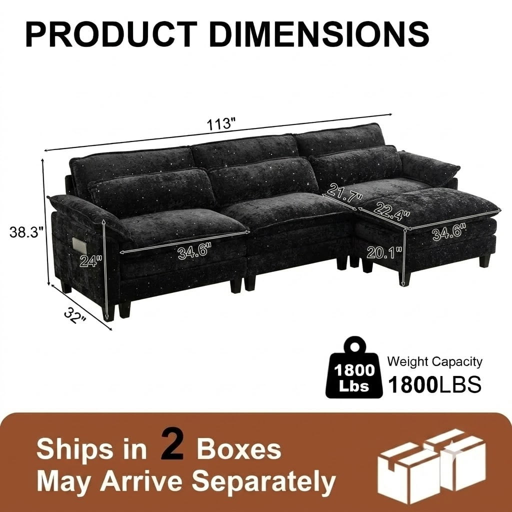 Howcool 113" Modular Sectional Sofa, L-Shaped 3 Seater Cloud Couch with Movable Ottoman, Deep Seat Chenille Sofa with USB Charging Ports & Side Pockets for Living Room, Black