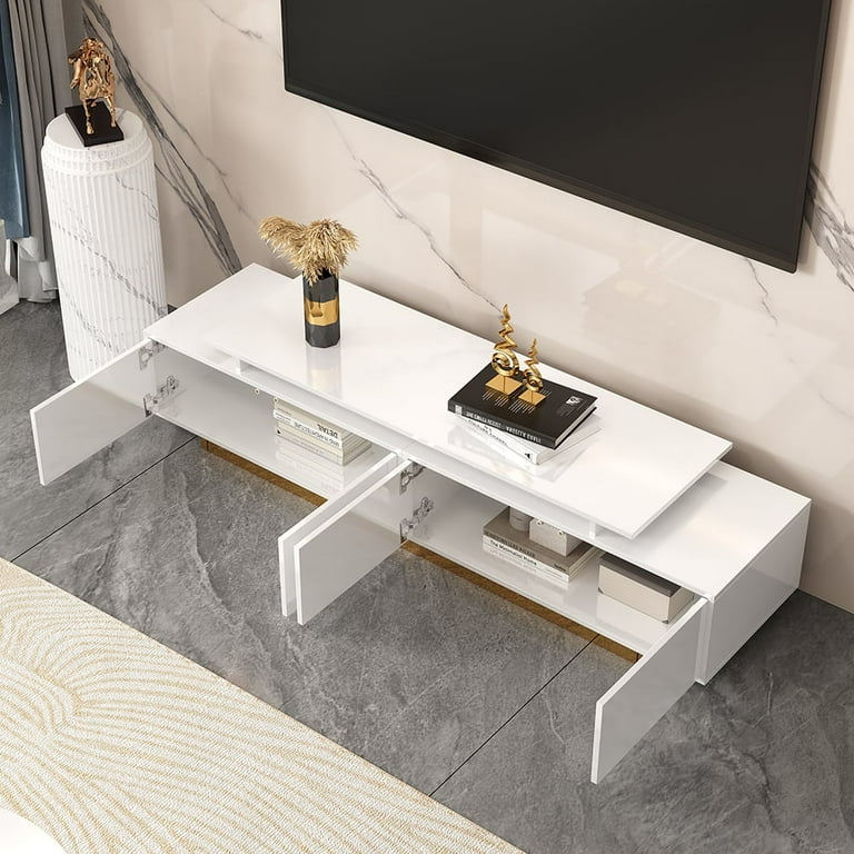 Meuble TV Blanc Et Or En Bois Avec Plateau En Marbre Et Rangements, Morne 200 Cm Meuble Télé｜Homary