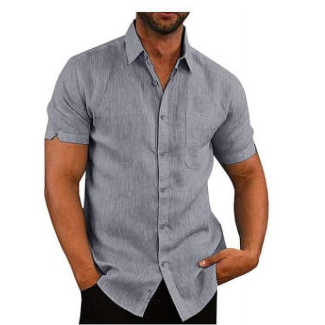 Camisa de lino para hombre de manga corta con botones y cuello de verano de color liso