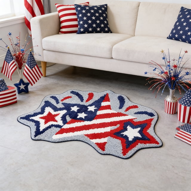 Sktrjpolfis Patriotic Star Rug, Polyester American Flag Design, 90x45cm, 1-Pack for 7th of July Decor