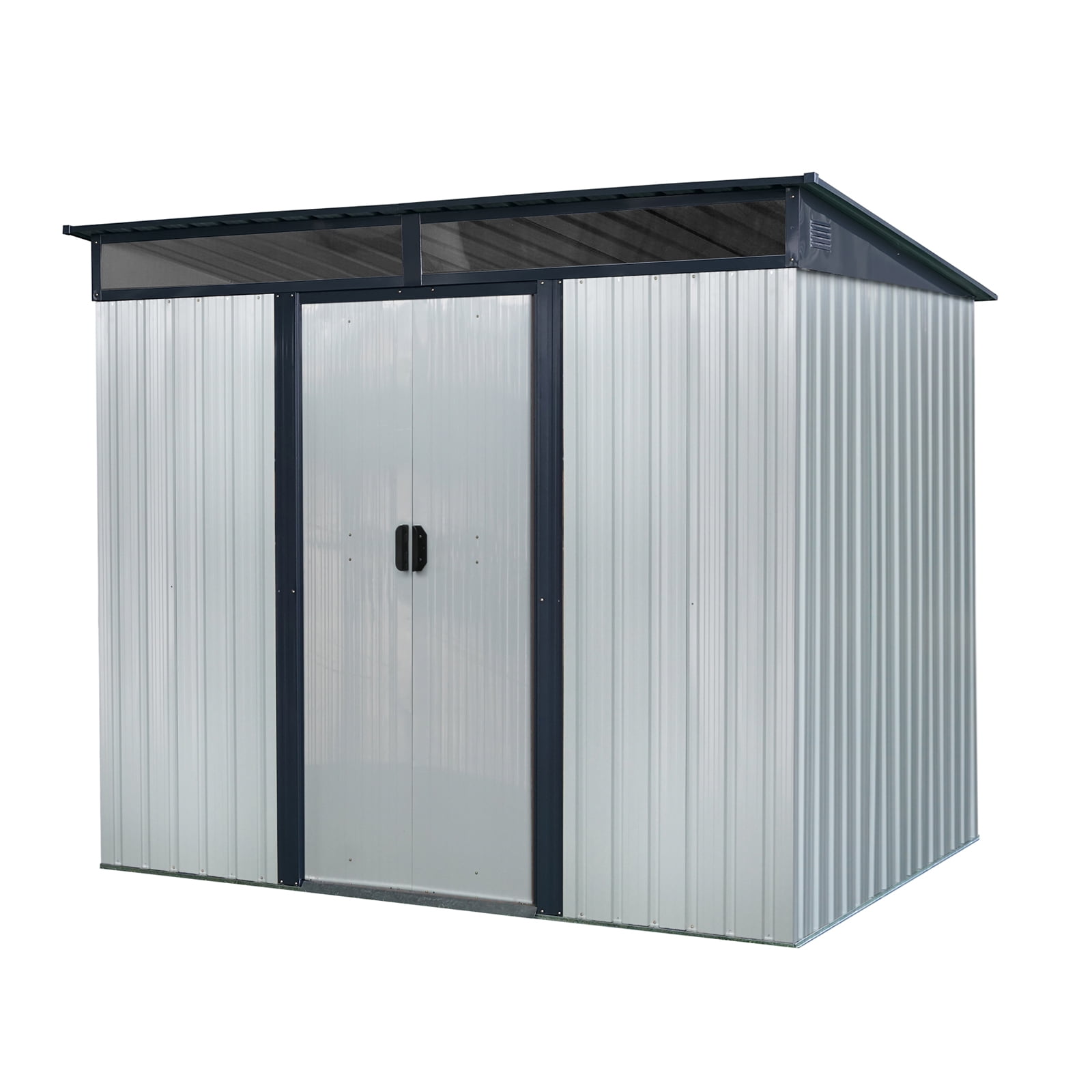 Kosynda 8' x 6' Outdoor Metal Storage Shed with Lockable Sliding Doors, Waterproof Metal Tool Storage House with Transparent Plate for Garden, Lawn, Backyard (White and Black)