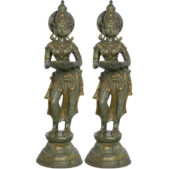 28" Deeplakshmi in Brass | Handmade | Made in India - Brass Statue - Color Antique