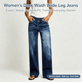 thumbnail image 4 of QIUOMBBP Wide Leg Jeans Woman Stretchy High Waisted Pull On Jean Pants Baggy Straight Leg Casual Denim Trousers with Pockets Dark Blue M, 4 of 11