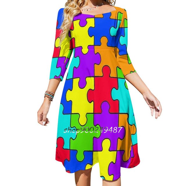 Puzzle Colorful Pattern Sweet Elegant Dress Women Korean Kawaii Square Collar Dress Puzzle Colorful Color Pattern
