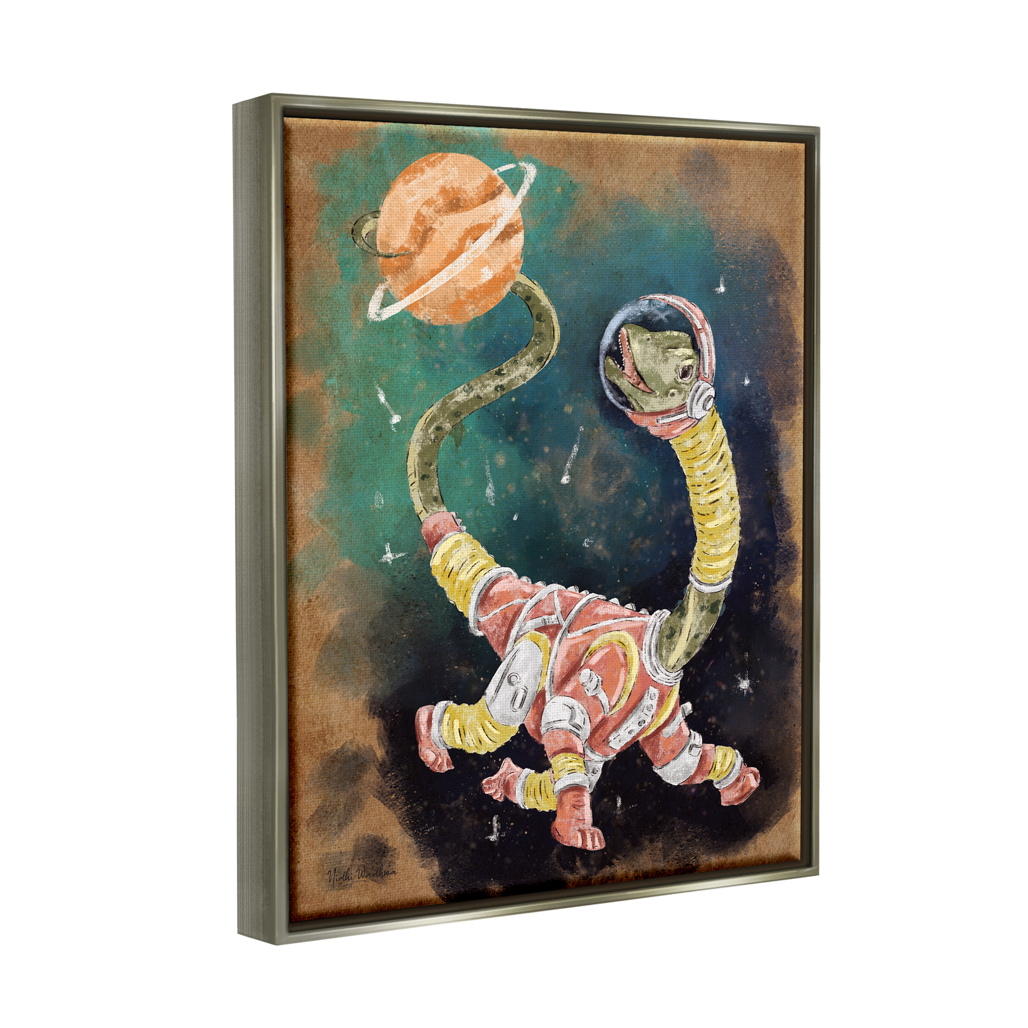 Stupell Industries Dinosaur in Outer Space Animals & Insects Painting Gray Floater Framed Art Print Wall Art, 25 x 31