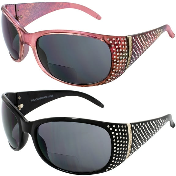 Set of 2 Global Vision Galaxy Womens Motorcycle Bifocal Sunglasses Chrome Rhinestones Black & Pink Frames Smoke Lens 2.0 Mag Lens