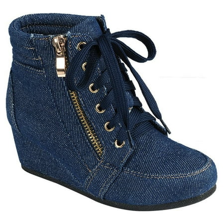 SNJ Women High Top Wedge Heel Sneakers Platform Lace Up Shoes Ankle Bootie