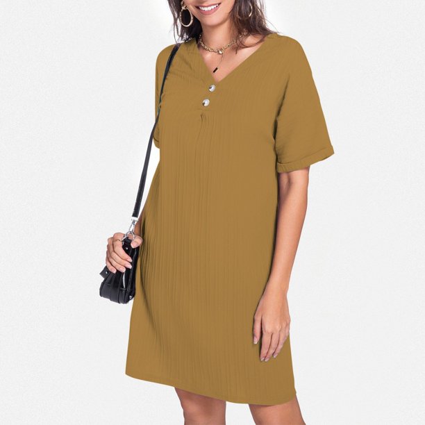WILLBEST Vestidos Floreados Para Mujer Cuello En V Color Sólido 2025 Cómodo Casual Vestido Con Botones