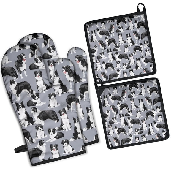Cute Border Collie Pattern Kitchen Oven Mitt and Pot Holder Sets 2 Pcs for Baking, Cooking and Grilling, Heat Resistant Up To 392 °F