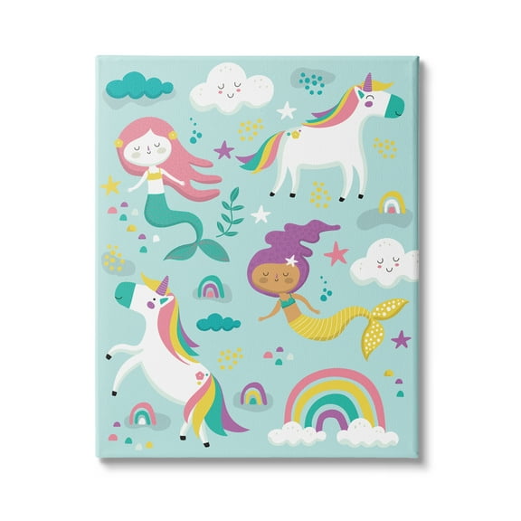 Stupell Indtries Mermaid and Unicorn Rainbow Collage Kids' Fantasy Illtration,30 x 40,Design by Andrea Jasid Grassi
