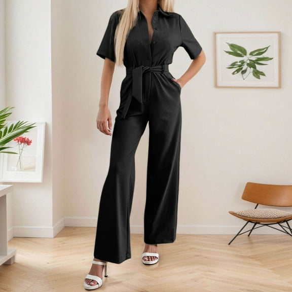 Women's V Neck Long Sleeve Jumpsuit Elegant Wide Leg Romper with Belt and Pockets for Casual Wear