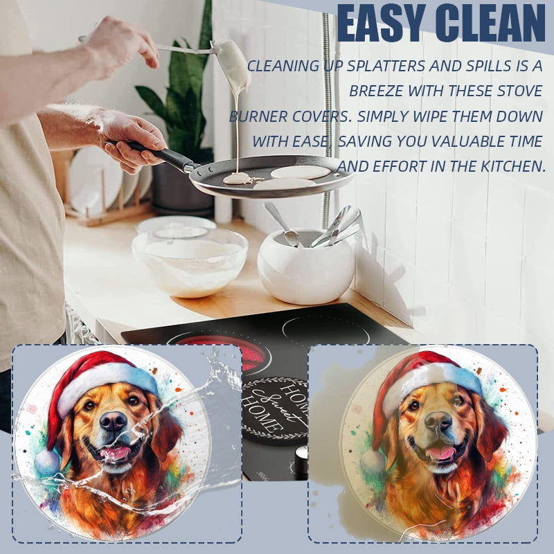 Christmas Round Electric Stove Burner Covers, Christmas Colorful Golden Retriever in Santa hat 4Pcs Top Covers for Electric Stove Burner for Kitchen Decoration, 8 Inches and 10 Inches