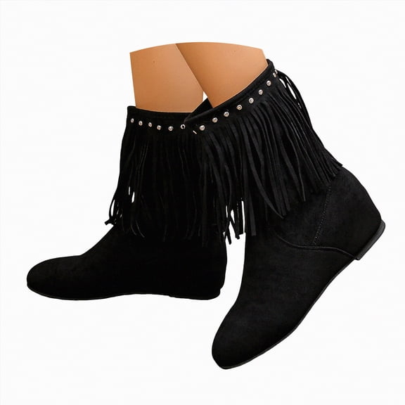 UngA Women Cowboy Boots Mid Calf Fringe Western Cowgirl Boots with Chunky Heel Snip Toe Ideal for low insteps Black,Size 6