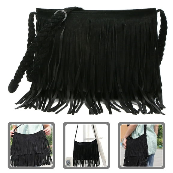 FRCOLOR Hobo Fringe Purses Black Travel Handbag for Women 1Set