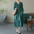 thumbnail image 4 of SMihono Women Fall Cotton Linen Maxi Dress Casual Long Sleeve Button V Neck Pleated Flowy Beach Shift Dress with Pocket Green M, 4 of 8
