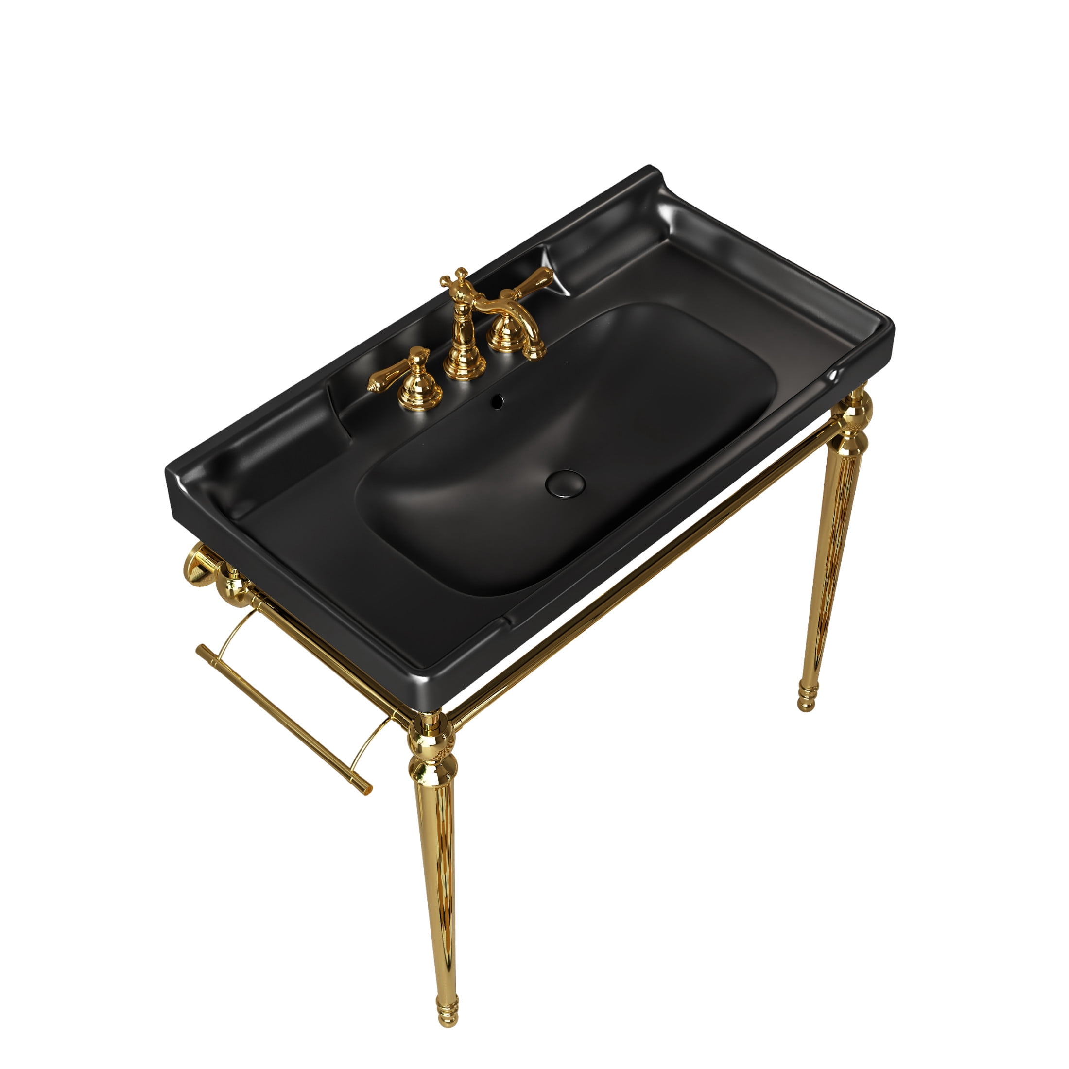 Noble House VICI 36" Bathroom Console Sink, Wall-Mounted Ceramic Basin Vanity with Stainless Steel Legs, Black & Gold