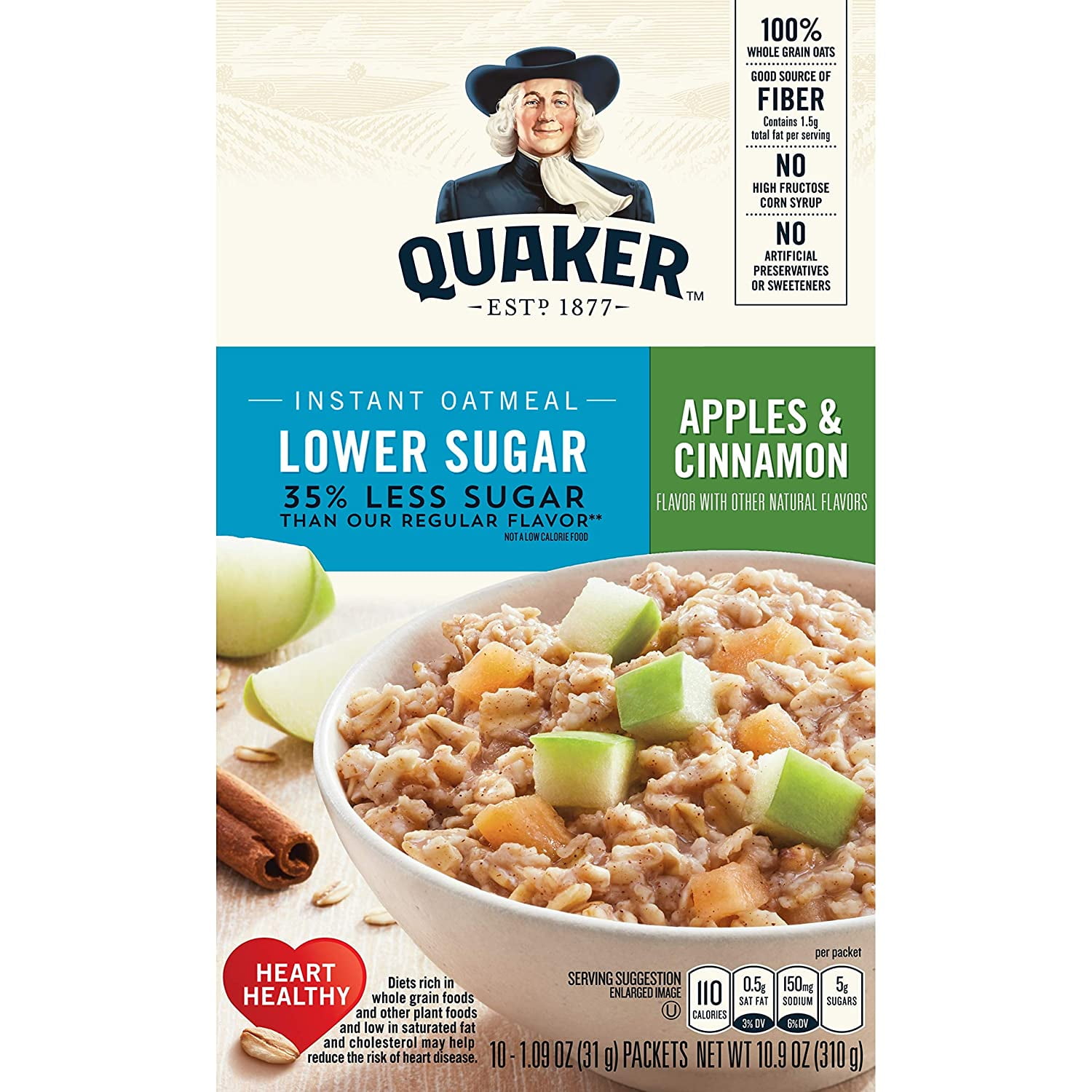 Quaker Instant Oatmeal, Lower Sugar, Apple Cinnamon, Breakfast Cereal
