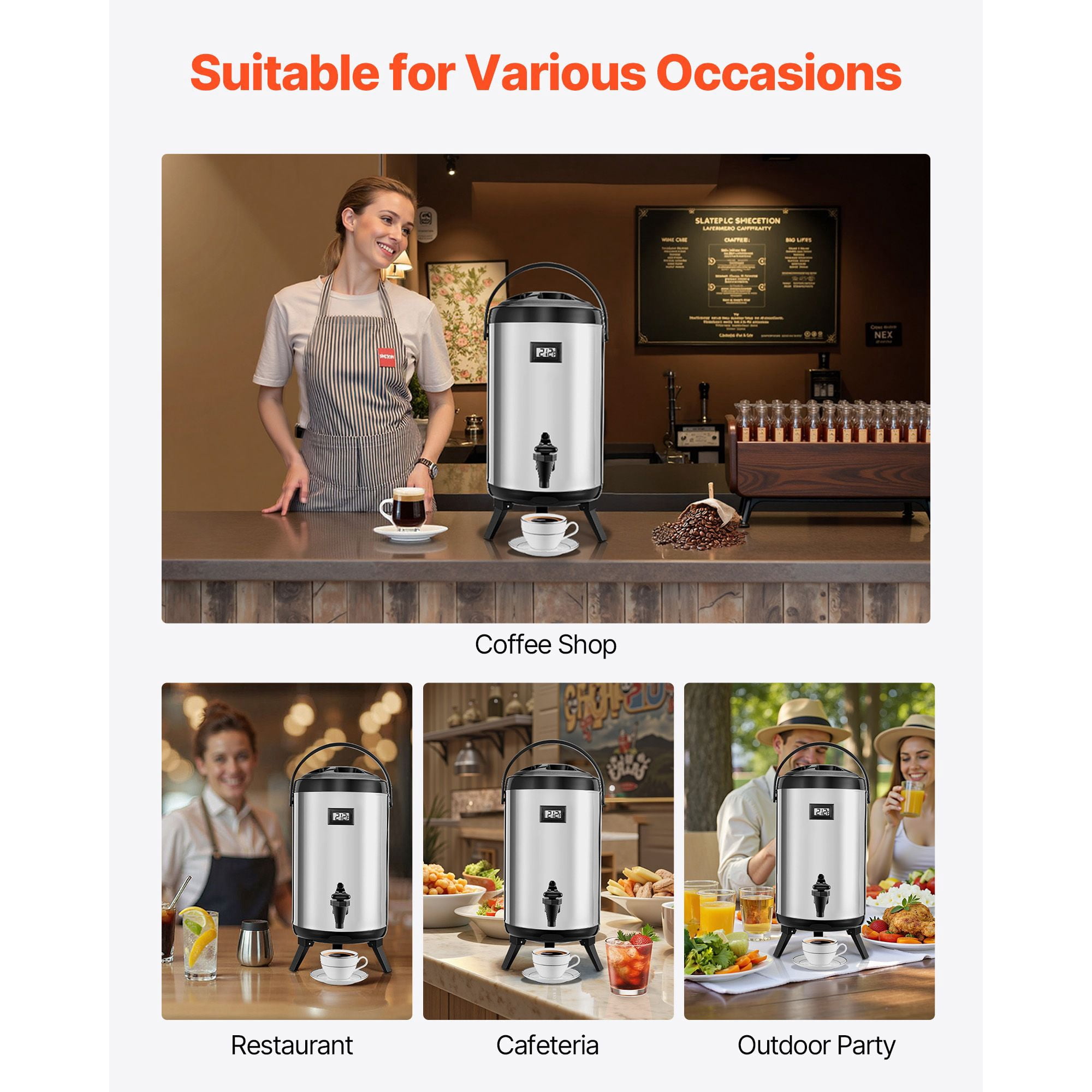 2 Gallon Insulated Beverage Dispenser with Temp Display, 304 Stainless Steel, Hot/Cold Insulation, Drip-Free Spigot, Ergonomic Handle for Cafes
