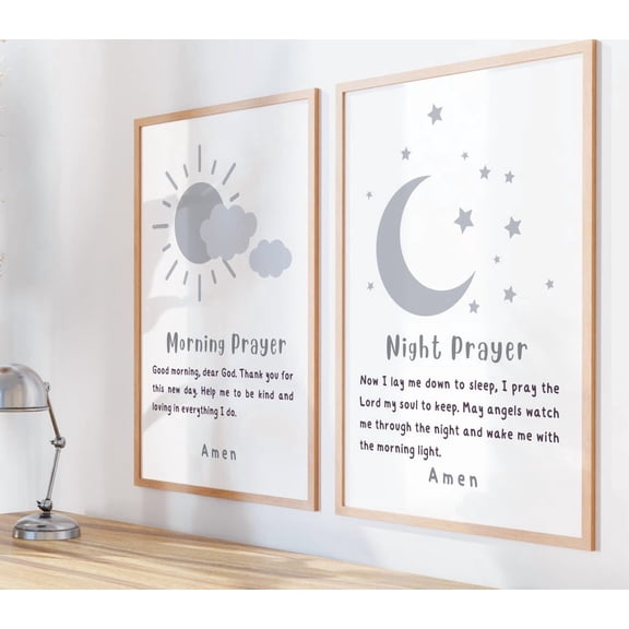Children's Prayer Wall Art Soft Blue Christian Decor Set 2 Unframed Paper Print 8x12