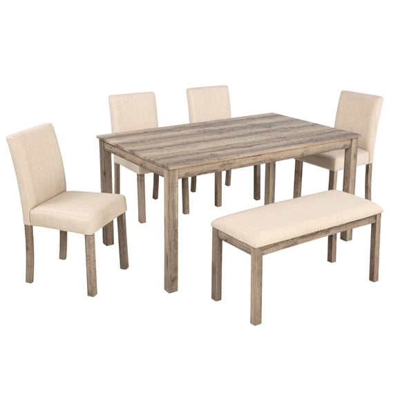 YIYADO 6-Piece Rustic Dining Table Set, Wooden Dining Table Set for 6, Kitchen Dining Furniture with 4 Upholstered Chairs & Bench, Vintage Wood Grain Design for Kitchen Dining Room, Brown
