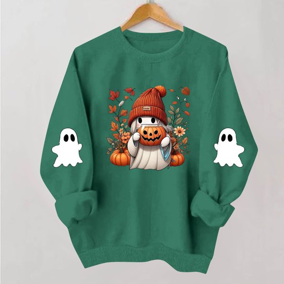 NSLGXD Womens Halloween Sweatshirts Plus Size Ghost Print Pullovers Trendy Going Out Crewneck Long Sleeve Y2k Tops Halloween Costumes