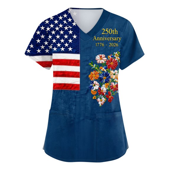 4th of July Scrub Tops for Women Plus Size Casual Short Sleeve USA Flag Print Scrub Shirts V Neck USA 250th Anniversary Patriotic Scrubs Nursing Workwear Medical Nurse Uniform with Pockets Blue XL