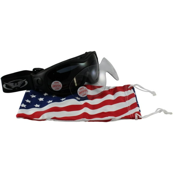 All-Star kit features a flexible matte black frame with one clear and one
smoke lens. Both lenses offer double-sided anti-fog coating. These are truly
all-weather goggles.