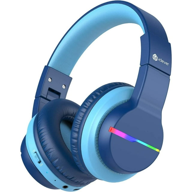 iClever BTH12 Kids Bluetooth Headphones,Colorful LED Lights Wireless Kids Headphones,74/85/94dB Volume Limited,85H Playtime,Bluetooth 5.2,Over Ear Headphones Built-in Mic for iPad/Tablet/Airplane,Blue