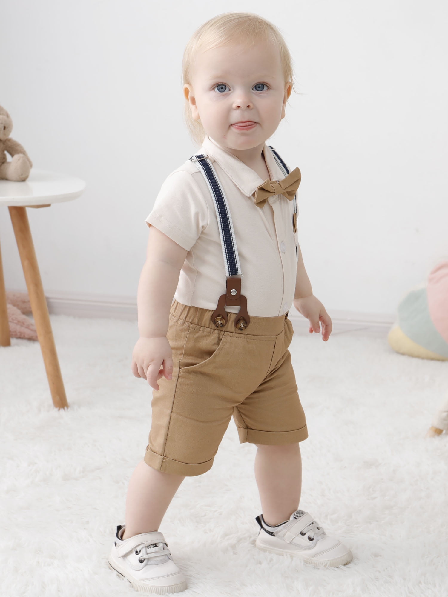 WESIDOM Infant Toddler Clothes Gentleman Shirt Suspender Pants Bowtie Summer Short Sleeve 0-24M 3pcs