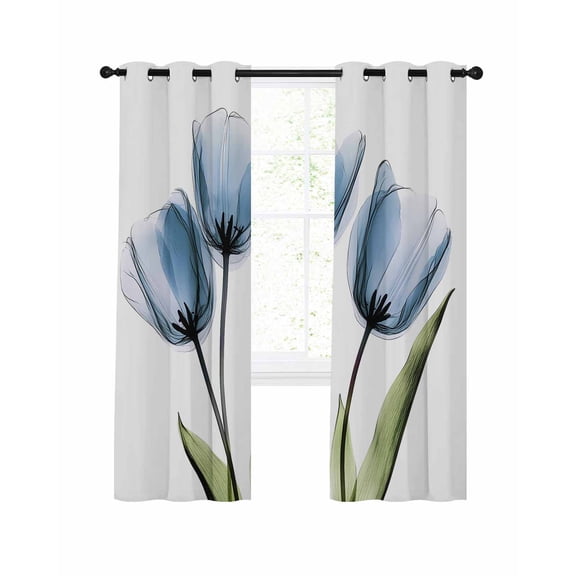 Blue Tulip Blackout Curtains 45 Inches Long for Bedroom, Abstract Flower Country Farm Floral White Thermal Insulated Room Darkening Black Out Window Curtain Panels Grommet Drapes for Living Room