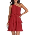thumbnail image 6 of qolati Womens Dresses 2024 Summer Sleeveless Mini Dress Boho One Shoulder Ruffle Tiered Layered Chiffon Flowy A Line Dresses, 6 of 9