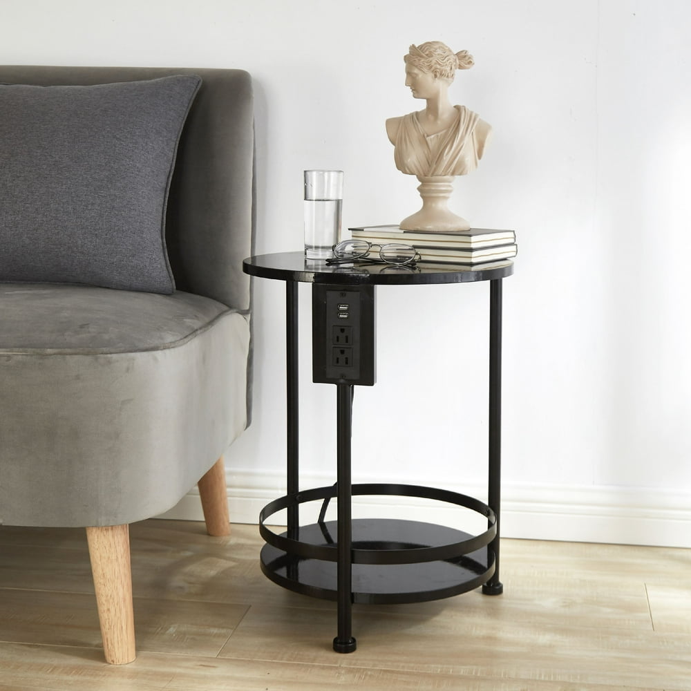 Urban Shop 2 Tier End Table with Outlet, Black