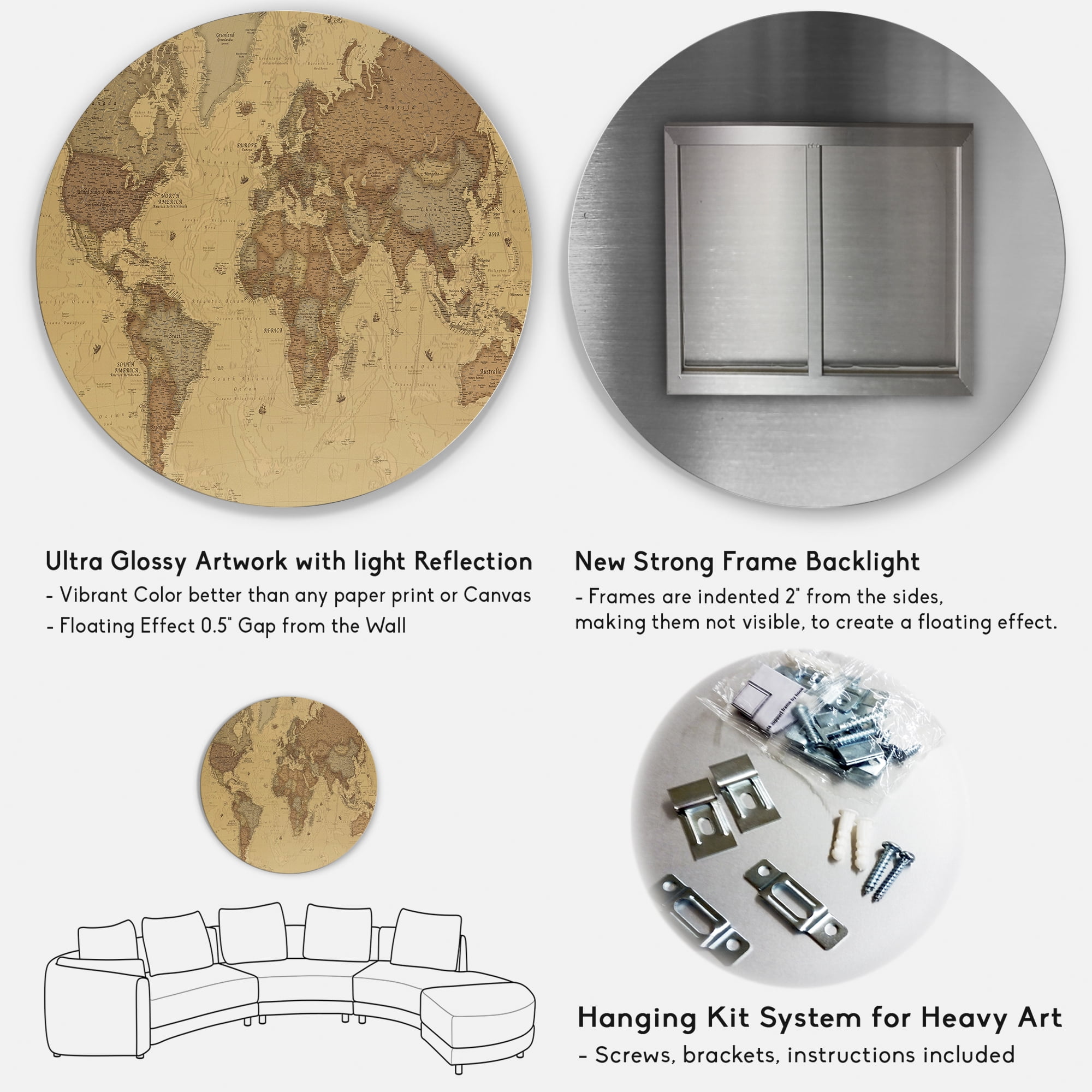Designart 'Ancient World Map III' Vintage Circle Metal Wall Art 11x11 - Disc of 11