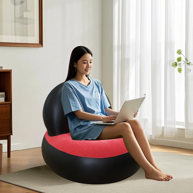 Sofá inflable para acampar, casa y exteriores, plegable y portátil, con superficie aterciopelada (rojo)
